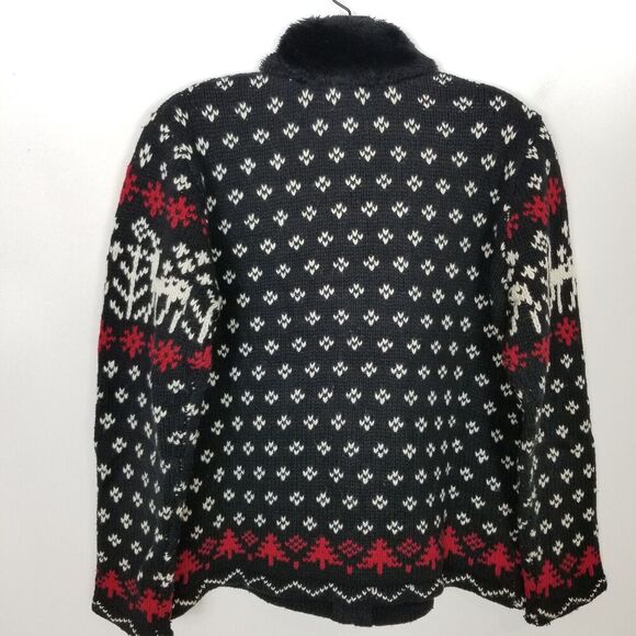 VTG Designer Studio Cardigan Sz S Fair Isle Reindeer Faux Fur Zip Black Wool - Picture 3 of 4